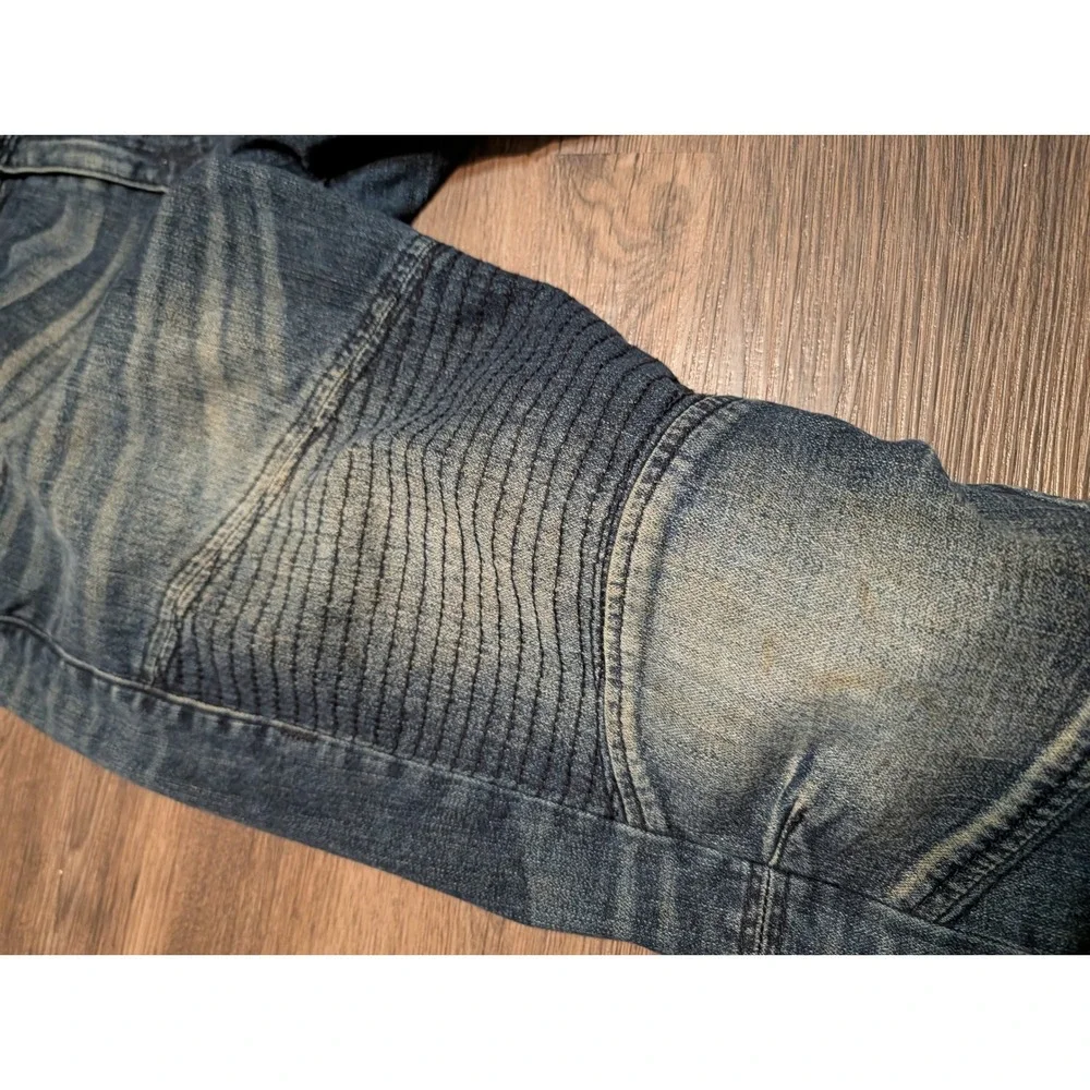 True Religion Moto Section Slim Biker Jeans Blue Denim Ribbed Knee Mens 34